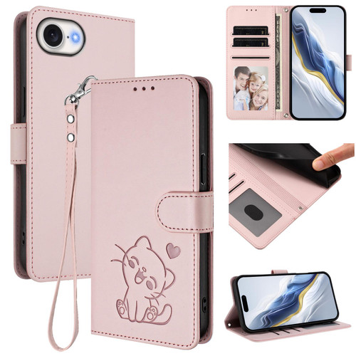 iPhone 17e / 16e Embossed Heart Cat Leather Phone Case with Hand Strap - Pink