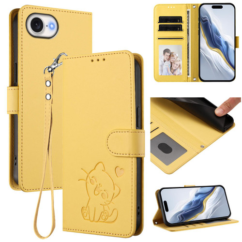 iPhone 17e / 16e Embossed Heart Cat Leather Phone Case with Hand Strap - Yellow