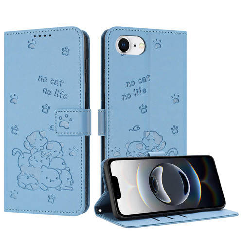iPhone 17e / 16e Embossed Kitten Phone Leather Case with Lanyard - Blue