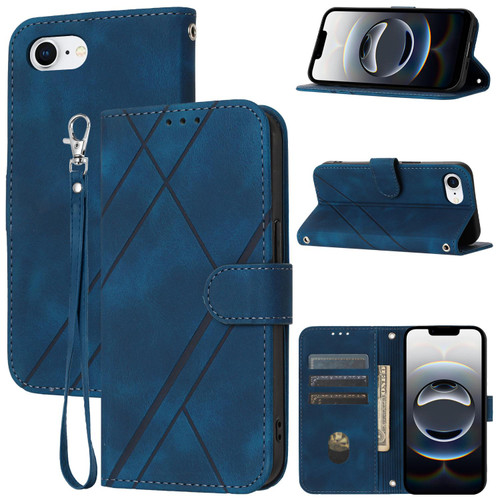 iPhone 17e / 16e Embossed Line Leather Phone Case with Lanyard - Blue