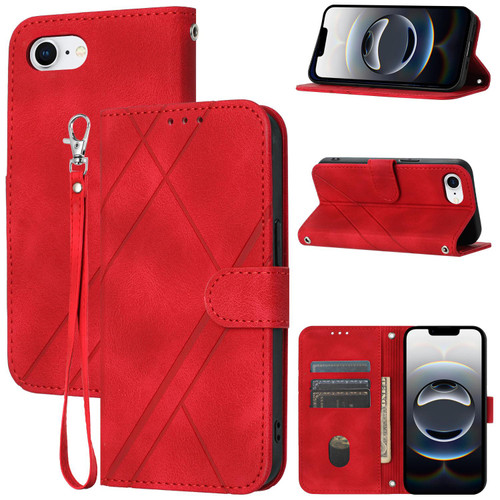 iPhone 17e / 16e Embossed Line Leather Phone Case with Lanyard - Red