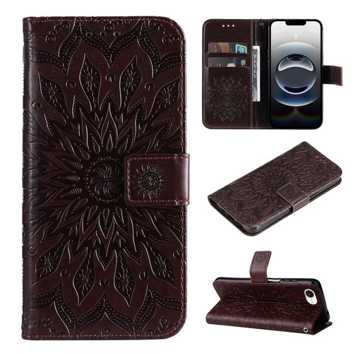 iPhone 17e / 16e Embossed Sunflower Pattern Flip Leather Phone Case - Brown