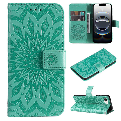 iPhone 17e / 16e Embossed Sunflower Pattern Flip Leather Phone Case - Green