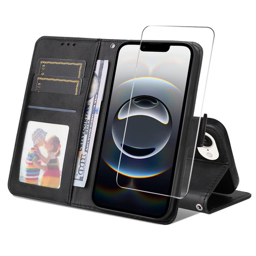iPhone 17e / 16e ENKAY Card Wallet Calf Texture Leather Phone Case with Screen Film - Black