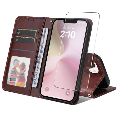 iPhone 17e / 16e ENKAY Card Wallet Calf Texture Leather Phone Case with Thickened Glue No White Edge Film - Brown