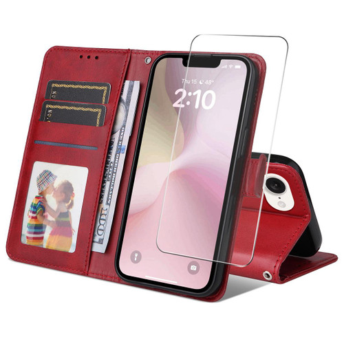 iPhone 17e / 16e ENKAY Card Wallet Calf Texture Leather Phone Case with Thickened Glue No White Edge Film - Red