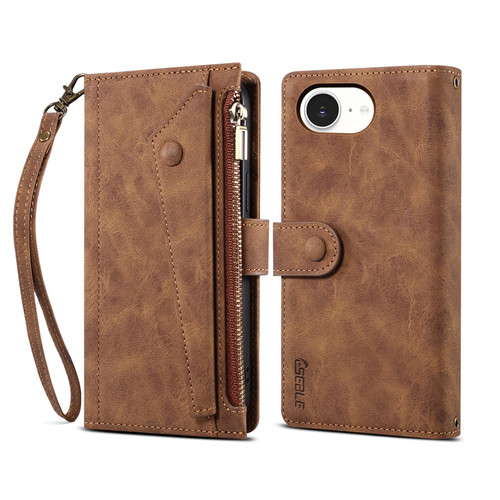 iPhone 17e / 16e ESEBLE Retro Frosted RFID Flip Leather Phone Case - Brown