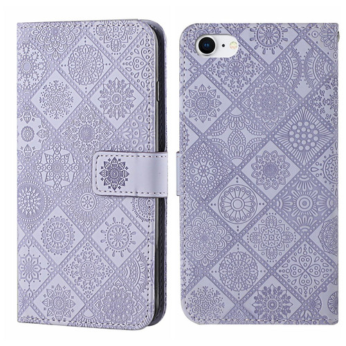 iPhone 17e / 16e Ethnic Style Embossed Pattern Leather Phone Case - Purple