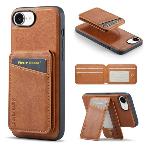 iPhone 17e / 16e Fierre Shann Cowhide Vertical Flip Magnetic Card Holder Phone Case - Brown