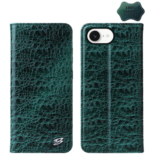 iPhone 17e / 16e Fierre Shann Crocodile Texture Magnetic Genuine Leather Phone Case - Green