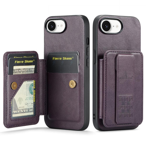 iPhone 17e / 16e Fierre Shann Oil Wax Cow Leather Card Holder Back Phone Case - Purple