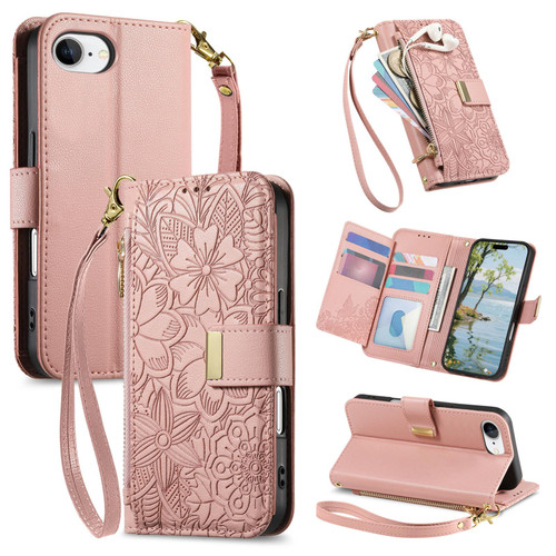 iPhone 17e / 16e Flowers Leaves Zipper Wallet Leather Phone Case with Strap - Pink