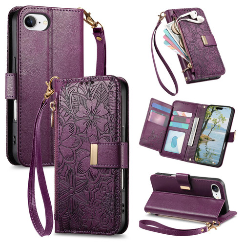 iPhone 17e / 16e Flowers Leaves Zipper Wallet Leather Phone Case with Strap - Purple