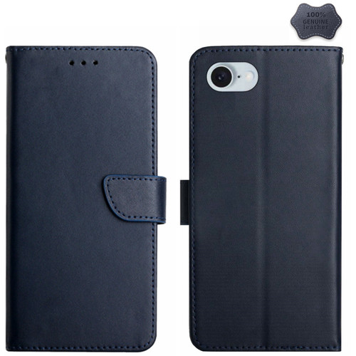 iPhone 17e / 16e Genuine Leather Fingerprint-proof Flip Phone Case - Blue