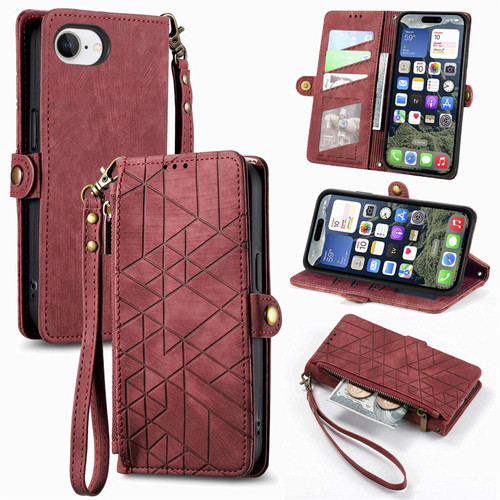 iPhone 17e / 16e Geometric Zipper Wallet Side Buckle Leather Phone Case - Red