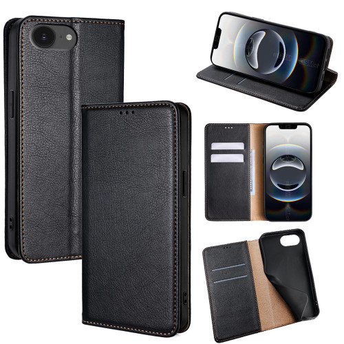 iPhone 17e / 16e Gloss Oil Solid Color Magnetic Leather Phone Case - Black