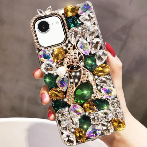iPhone 17e / 16e Handmade Bling Rhinestone Gemstone Fox PC Phone Case - Green