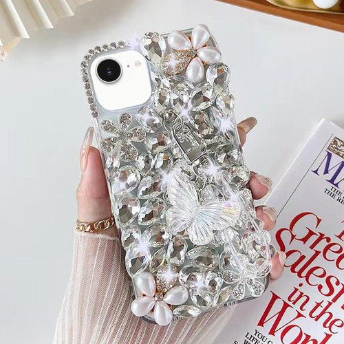 iPhone 17e / 16e Handmade Butterfly Diamond Inlay PC Phone Case - White