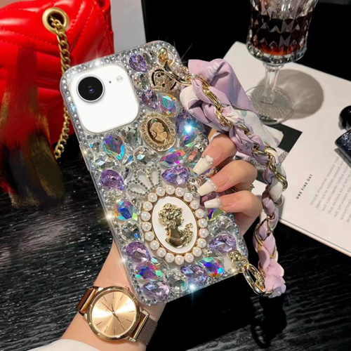 iPhone 17e / 16e Handmade Diamond Purple Gemstone Scarf Bracelet PC Phone Case - White