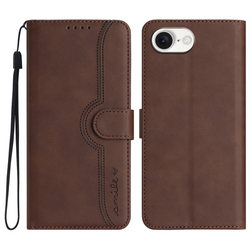 iPhone 17e / 16e Heart Pattern Skin Feel Leather Phone Case - Brown