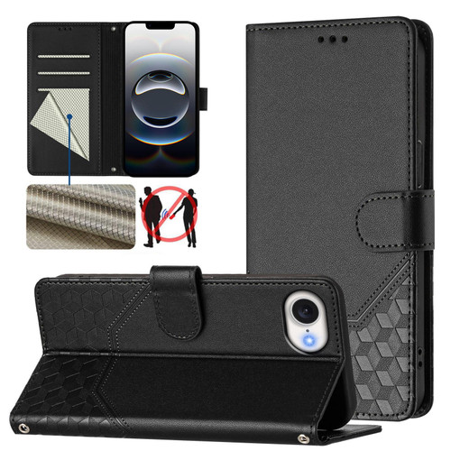 iPhone 17e / 16e Honeycomb Embossing RFID Leather Phone Case - Black