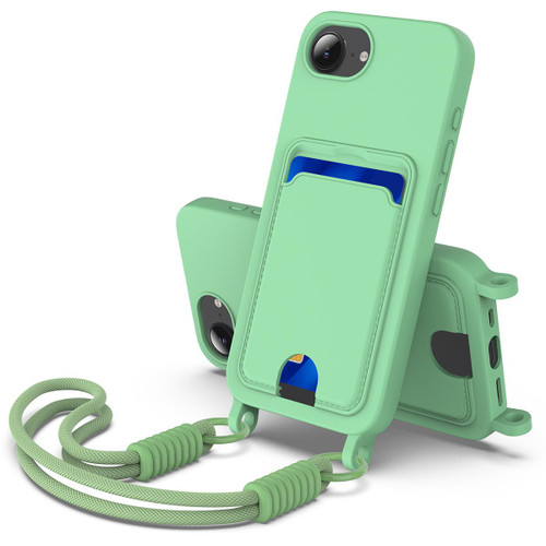 iPhone 17e / 16e Integrated Card Bag Solid Color Liquid Silicone Phone Case Gen2 with Short Lanyard - Green