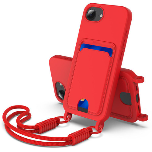 iPhone 17e / 16e Integrated Card Bag Solid Color Liquid Silicone Phone Case Gen2 with Short Lanyard - Red