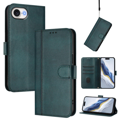 iPhone 17e / 16e Line Splicing Buckle Retro Leather Phone Case - Dark Green