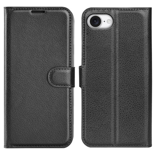 iPhone 17e / 16e Litchi Texture Horizontal Flip Leather Phone Case with Holder - Black