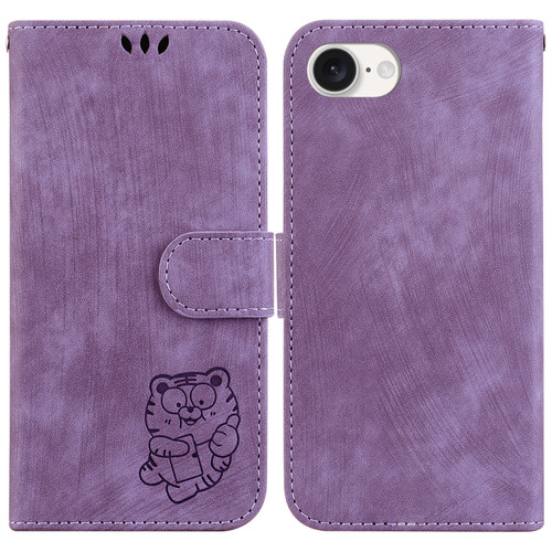 iPhone 17e / 16e Little Tiger Embossed Leather Phone Case - Purple