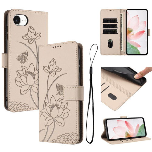iPhone 17e / 16e Lotus Embossed Leather Phone Case with Lanyard - Beige