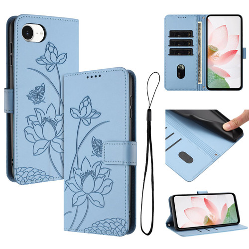 iPhone 17e / 16e Lotus Embossed Leather Phone Case with Lanyard - Blue