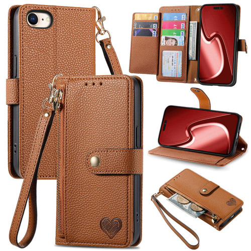 iPhone 17e / 16e Love Zipper Lanyard Leather Phone Case - Brown