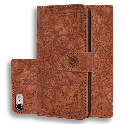 iPhone 17e / 16e Mandala Embossed Dual-Fold Calf Leather Phone Case - Brown