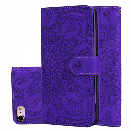iPhone 17e / 16e Mandala Embossed Dual-Fold Calf Leather Phone Case - Purple