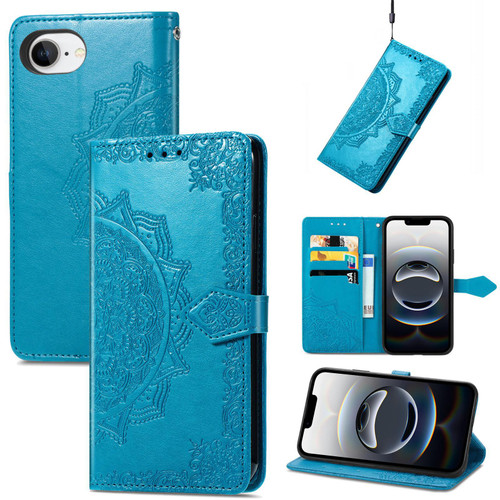 iPhone 17e / 16e Mandala Flower Embossed Leather Phone Case - Blue