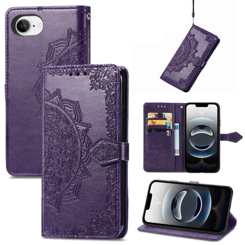 iPhone 17e / 16e Mandala Flower Embossed Leather Phone Case - Purple