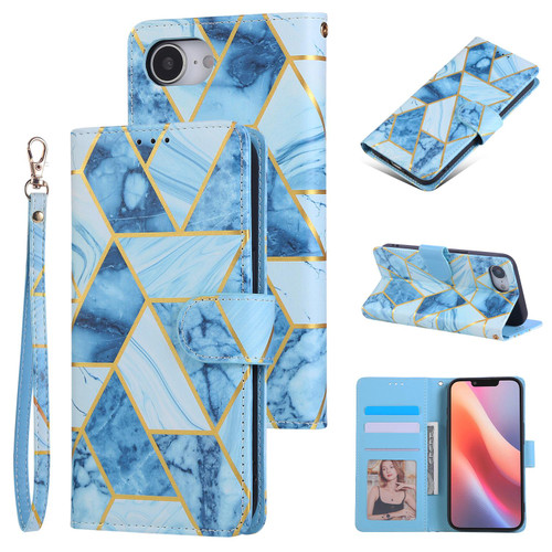 iPhone 17e / 16e Marble Bronzing Stitching Leather Phone Case - Blue