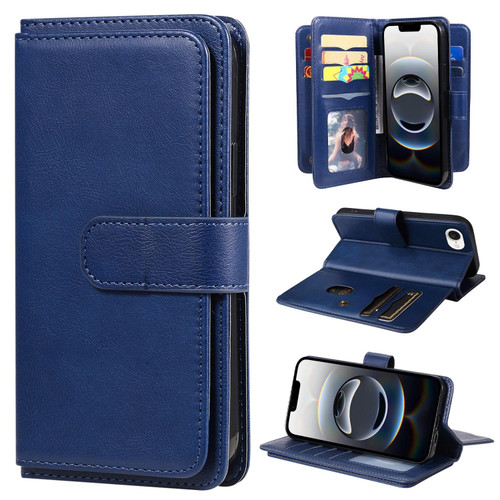 iPhone 17e / 16e Multi-Function Wallet 10 Card Slots Leather Phone Case - Dark Blue