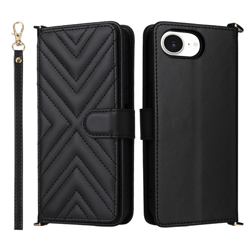 iPhone 17e / 16e Multifunctional 6-Card Slots Leather Phone Case with Wrist Strap - Black