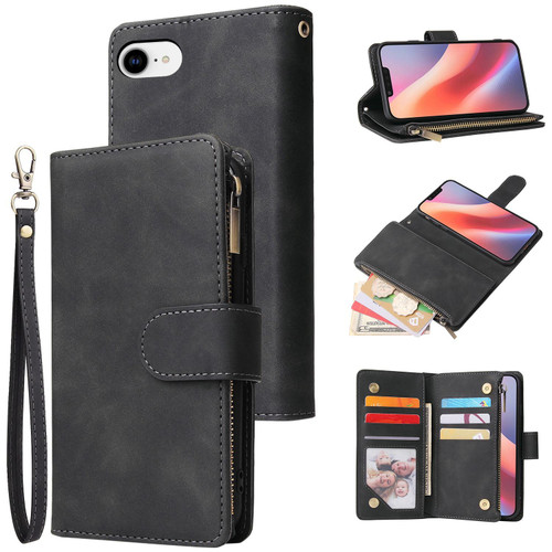 iPhone 17e / 16e Multifunctional Multi-Card Wallet Phone Leather Case - Black