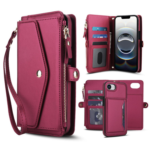 iPhone 17e / 16e Multifunctional Wallet Detachable Leather Phone Case with Lanyard - Red