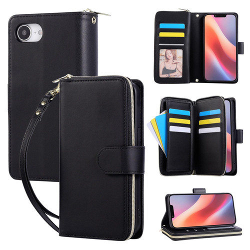 iPhone 17e / 16e Nine-card Slots Zipper Wallet Bag Leather Phone Case - Black