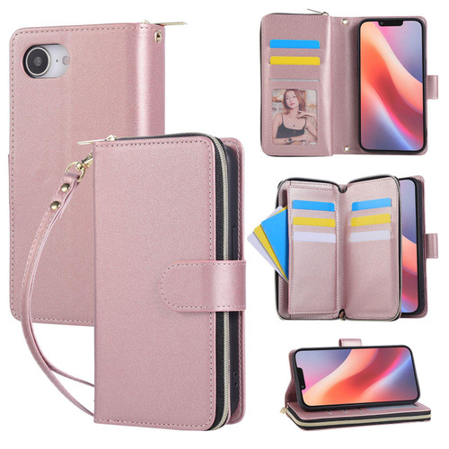 iPhone 17e / 16e Nine-card Slots Zipper Wallet Bag Leather Phone Case - Rose Gold