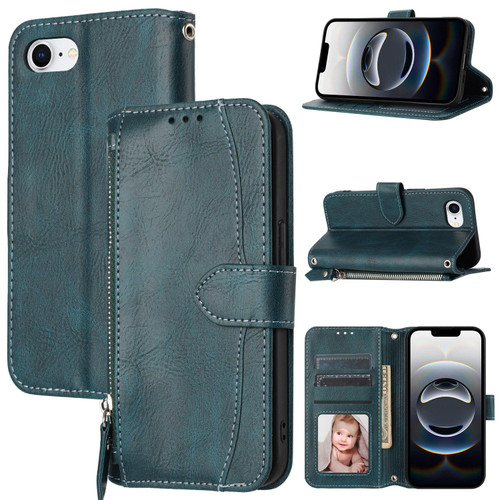 iPhone 17e / 16e Oil Skin Zipper Wallet Leather Phone Case - Blue