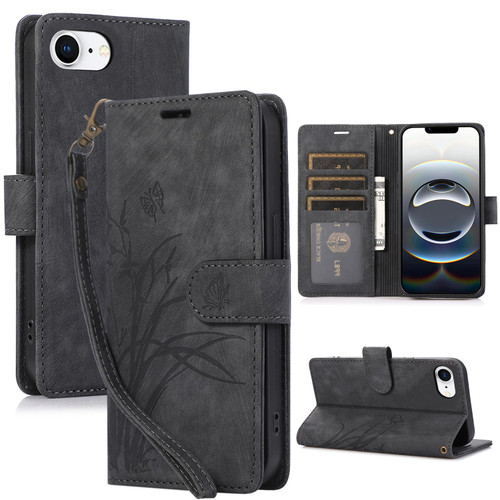 iPhone 17e / 16e Orchid Butterfly Embossed Leather Phone Case - Black
