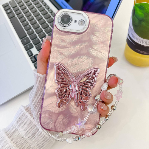 iPhone 17e / 16e Plating Glitter Lens Film Texture Butterfly Holder Wristband Phone Case - Pink Feathers