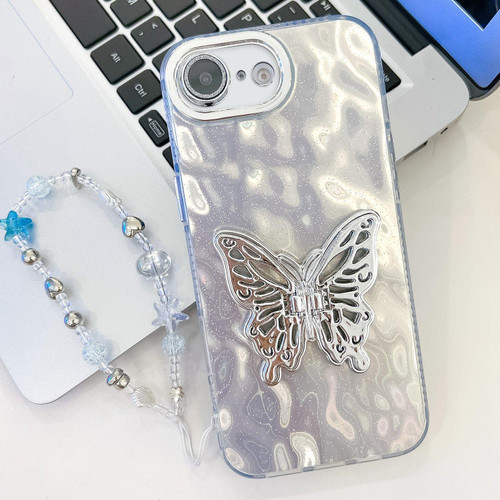 iPhone 17e / 16e Plating Glitter Lens Film Texture Butterfly Holder Wristband Phone Case - White Wrinkles