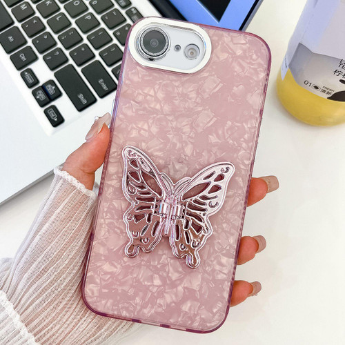 iPhone 17e / 16e Plating Glitter Texture Butterfly Holder TPU Phone Case with Lens Film - Pink Shell Pattern