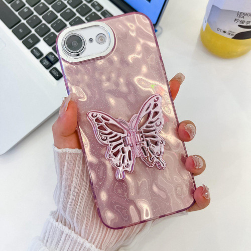 iPhone 17e / 16e Plating Glitter Texture Butterfly Holder TPU Phone Case with Lens Film - Pink Wrinkles